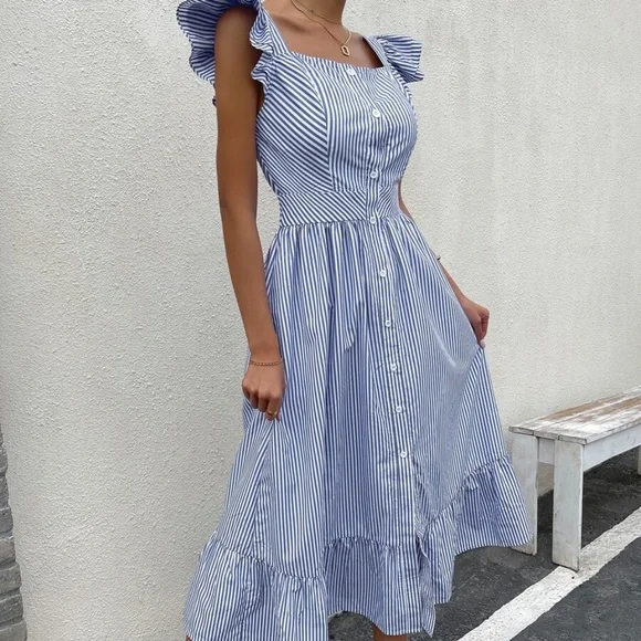 Boho Blue Stripes Ruffle Sleeve Button up Midi Dress - Picture 3 of 5